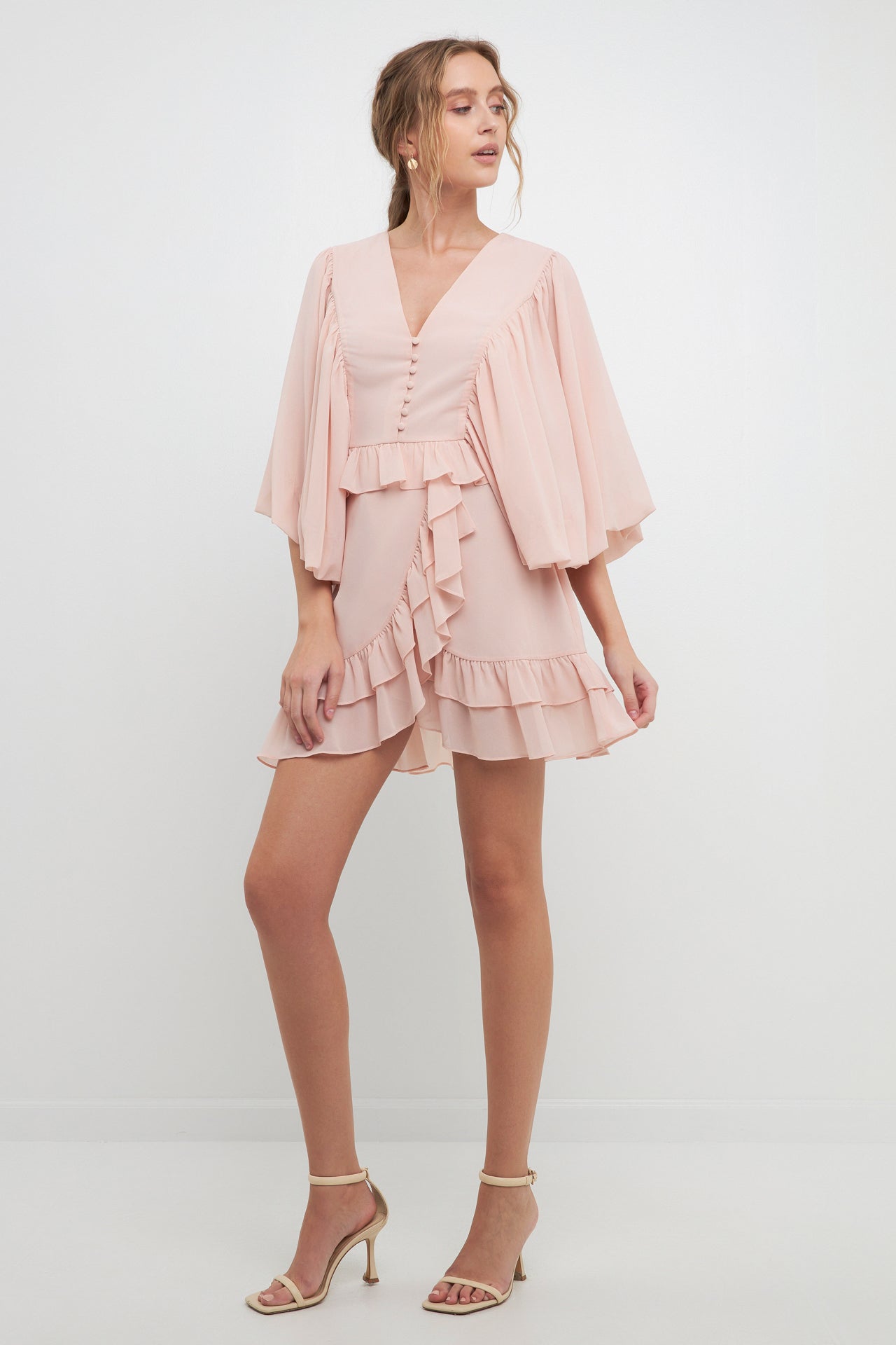 pink ruffle dress with sleeves Zapaka Women Pink Wedding Guest Dress with Ruffle Sleeves A Line V Neck Pleated Chiffon Long Formal Dress, Pink / US12
