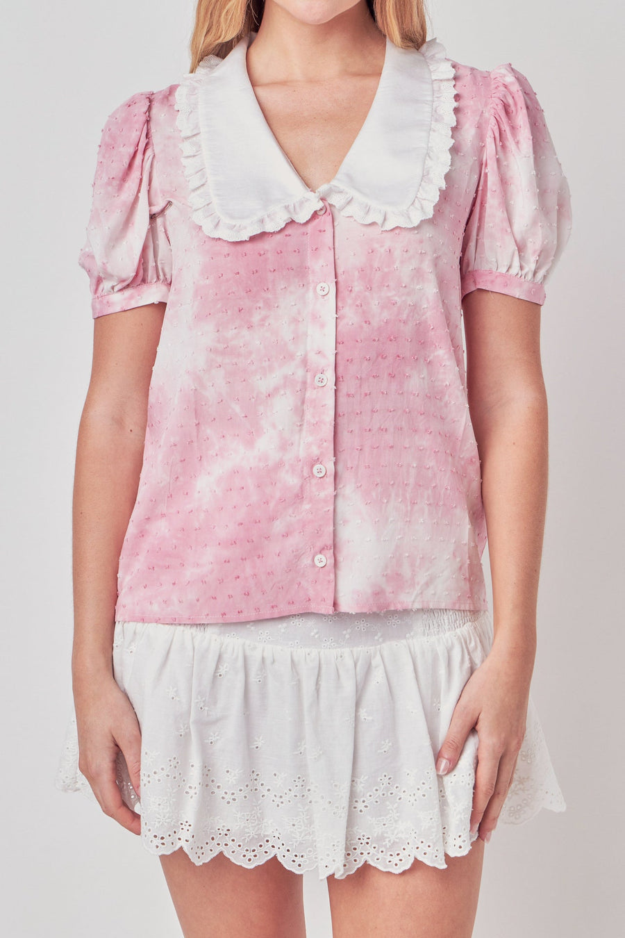 FREE THE ROSES - Swiss Dot Tie Dye Ruffle Collared Puff Sleeve Blouse - SHIRTS & BLOUSES available at Objectrare