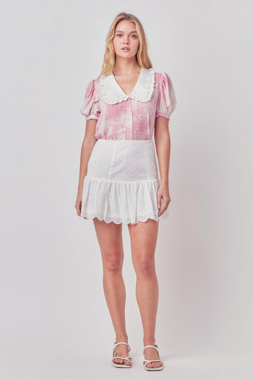 FREE THE ROSES - Swiss Dot Tie Dye Ruffle Collared Puff Sleeve Blouse - SHIRTS & BLOUSES available at Objectrare