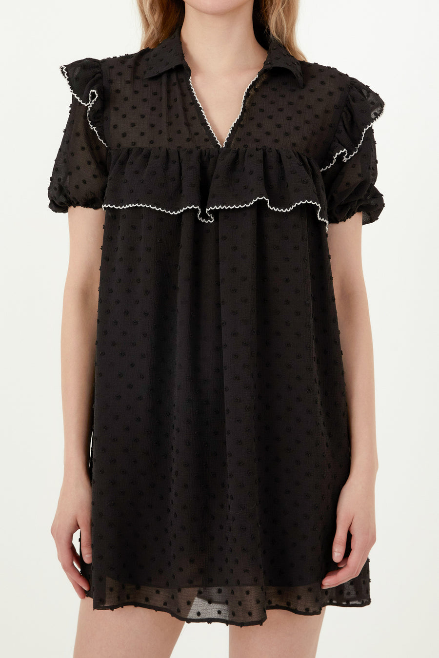 Swiss Dot Mini Dress with Ruffle Detail Free The Roses Swiss Dot Mini Dress with Ruffle Detail Free The Roses