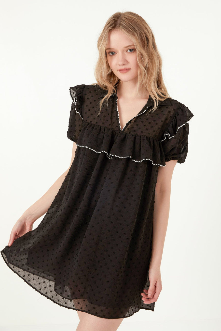 FREE THE ROSES - Swiss Dot Mini Dress with Ruffle Detail - DRESSES available at Objectrare
