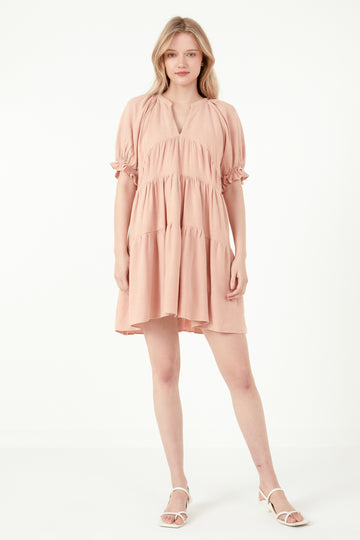 Solid Tiered Dress With Ruffled Sleeves
