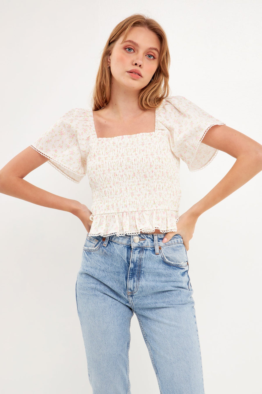 FREE THE ROSES - Floral Linen Smocked Top with Lace Trim - TOPS available at Objectrare