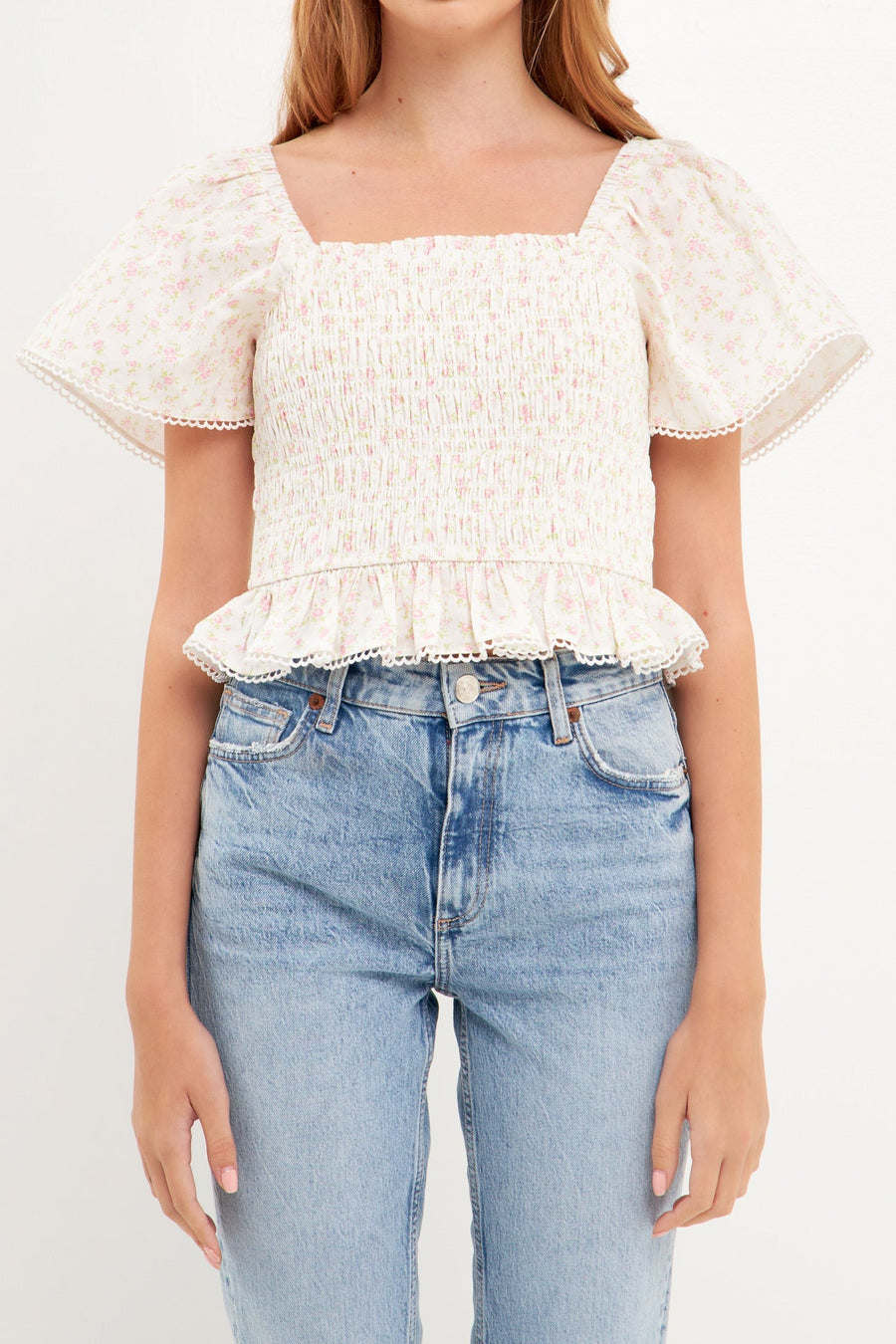 FREE THE ROSES - Floral Linen Smocked Top with Lace Trim - TOPS available at Objectrare