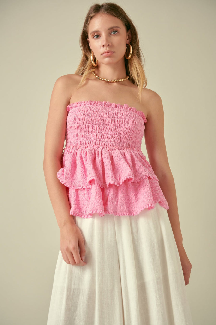 FREE THE ROSES - Lace Smocked Knit Ruffled Tube Top - TOPS available at Objectrare