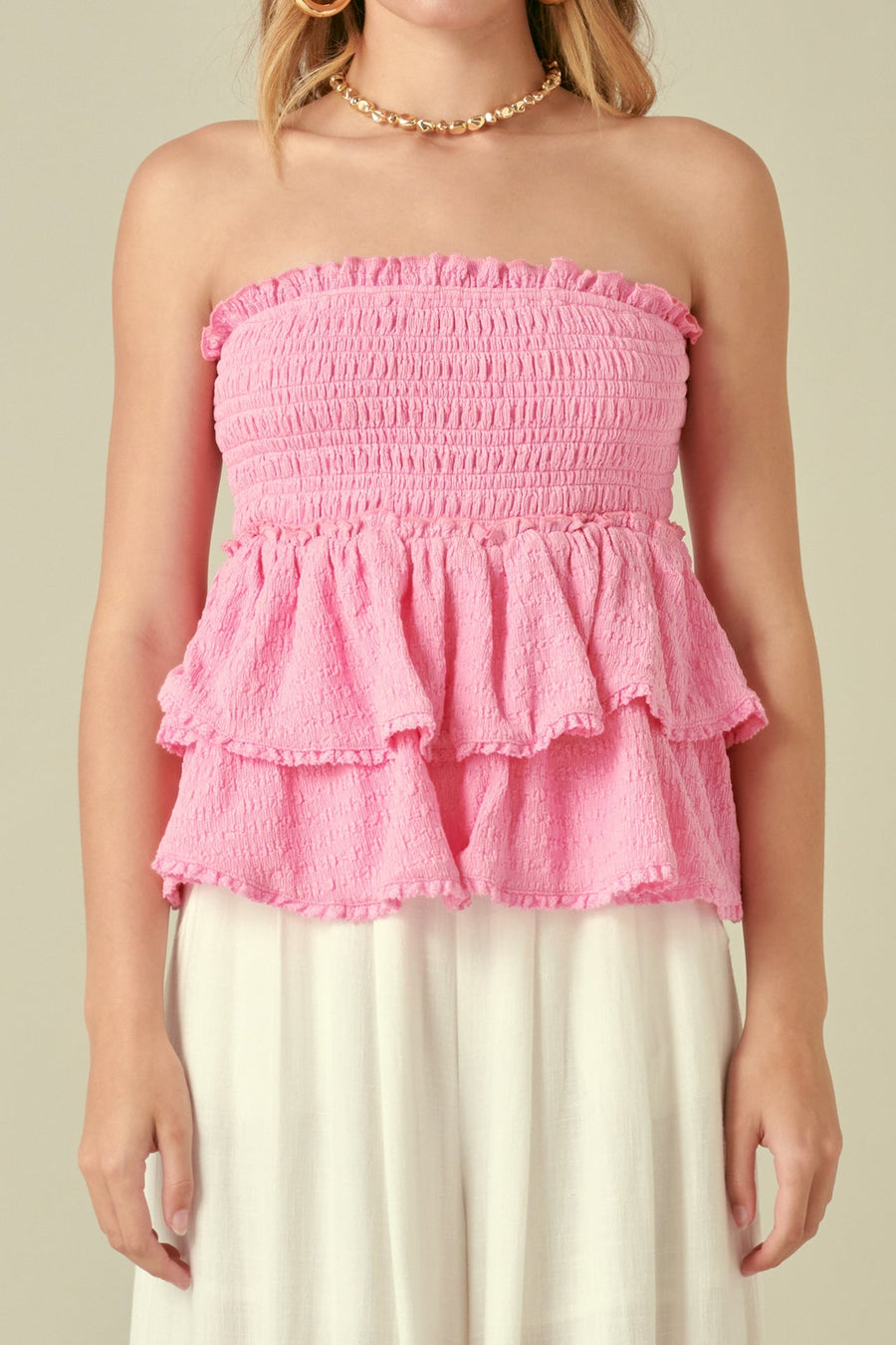 FREE THE ROSES - Lace Smocked Knit Ruffled Tube Top - TOPS available at Objectrare