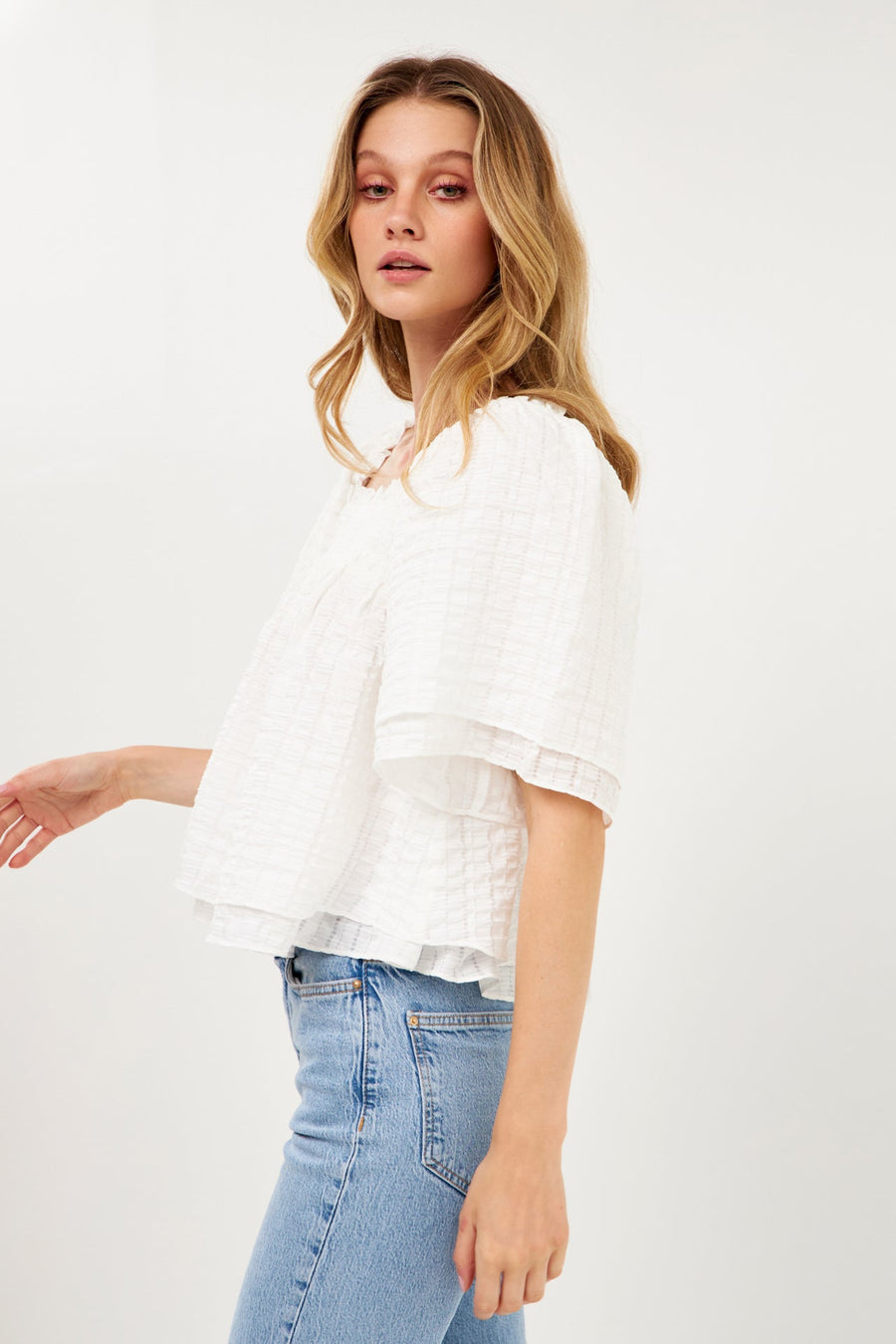 FREE THE ROSES - Textured Crinkle Double Flutter Top - TOPS available at Objectrare