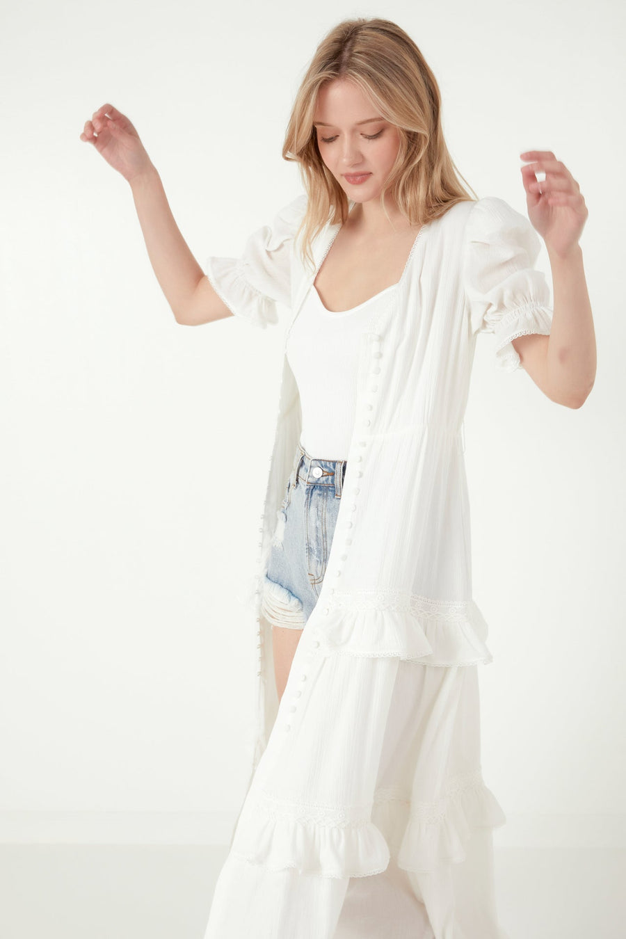 FREE THE ROSES - Ruffled Lace Trim Duster Maxi Dress - DRESSES available at Objectrare