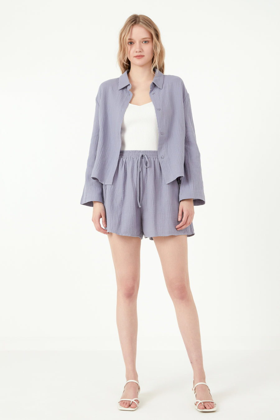 Gauze Corraled Top With Wide Sleeves and Slide Slit