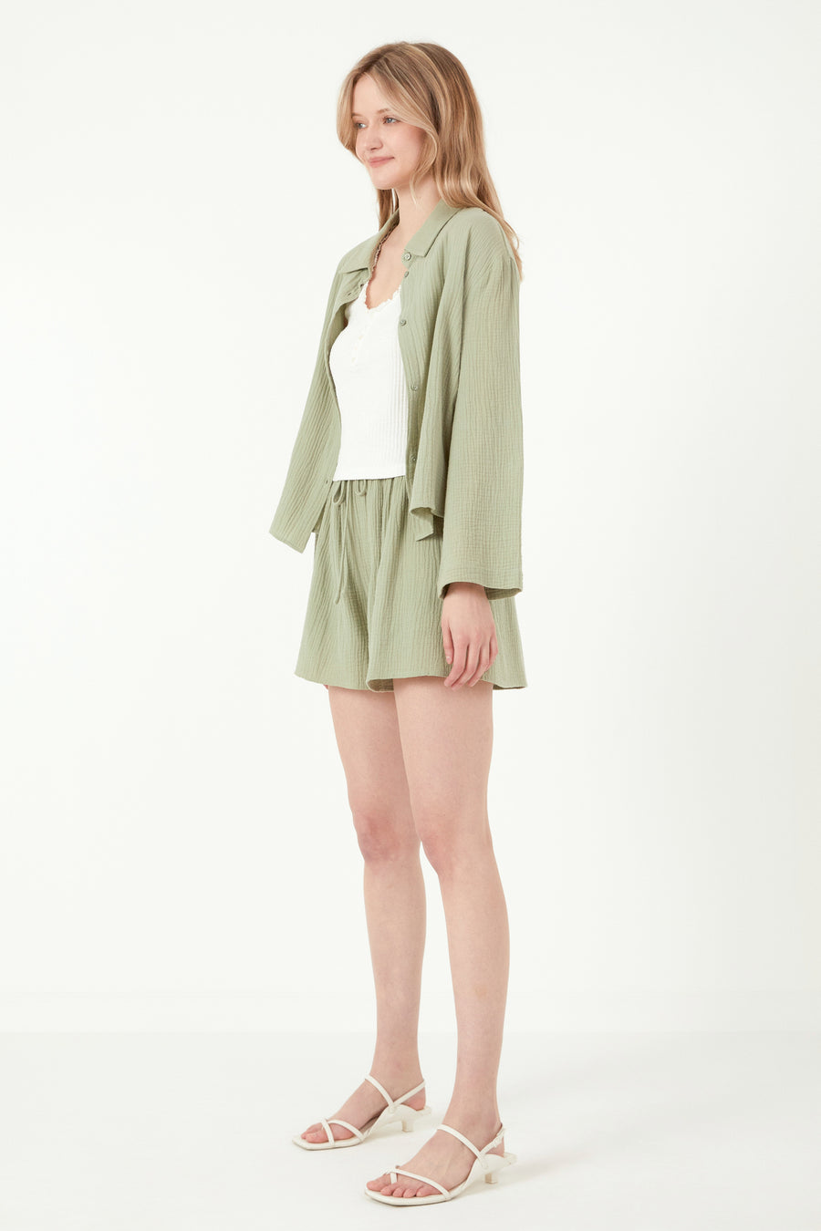 Gauze Corraled Top With Wide Sleeves and Slide Slit