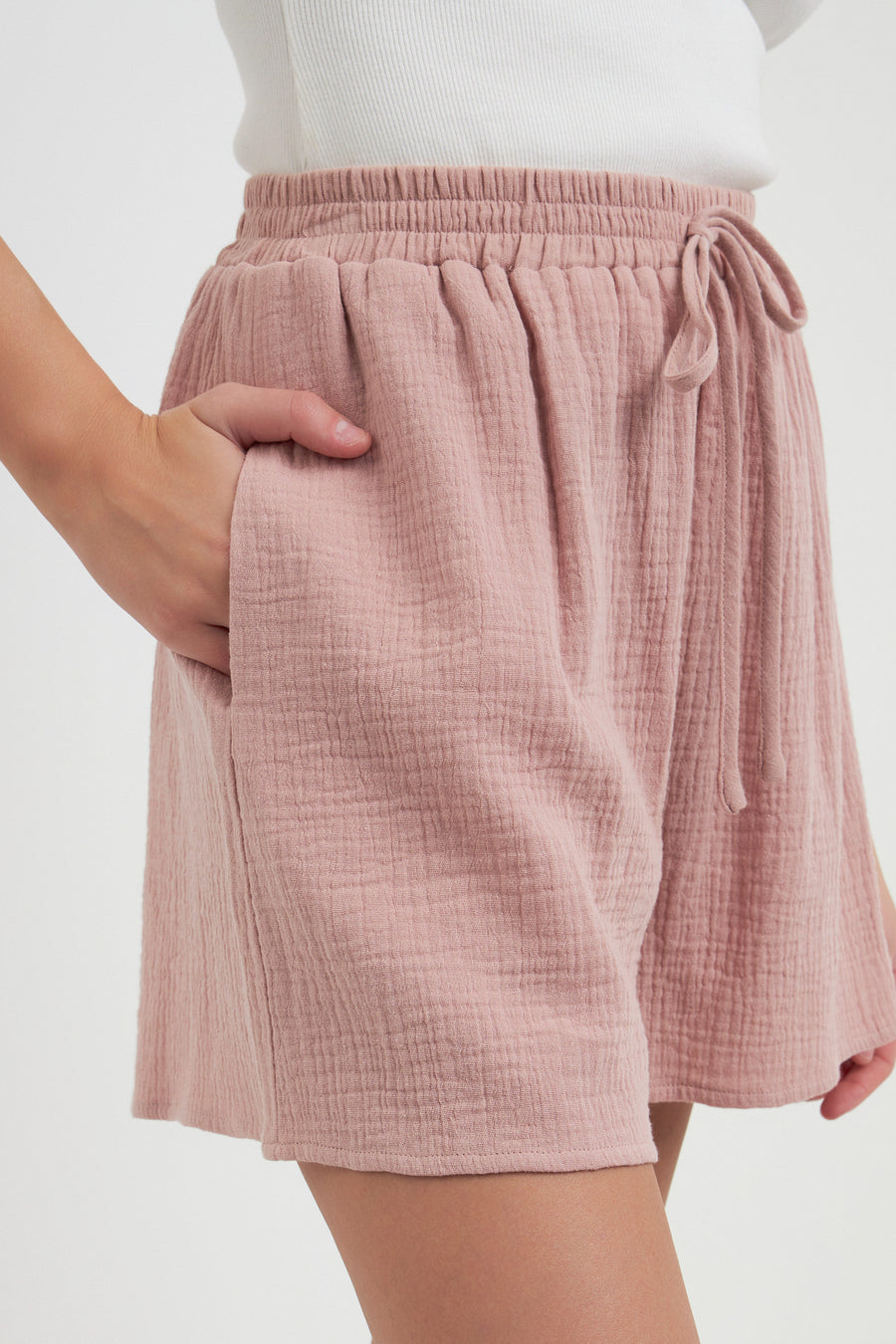 Gauze Shorts With Thick Elastic Band And Pockets