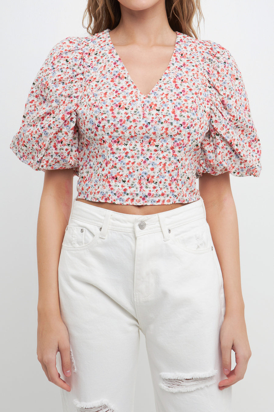 Embroidered Floral Mixed Puff Sleeve Top