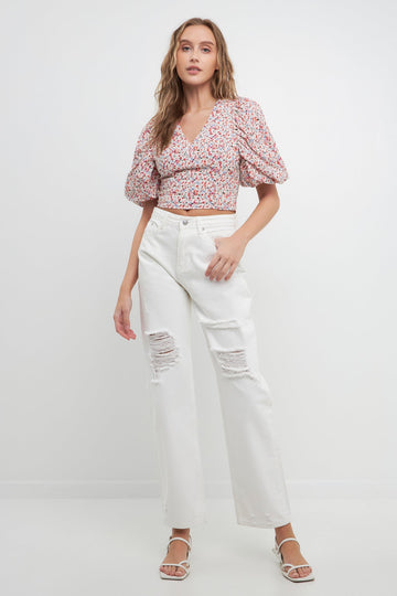 FREE THE ROSES - Embroidered Floral Mixed Puff Sleeve Top - TOPS available at Objectrare