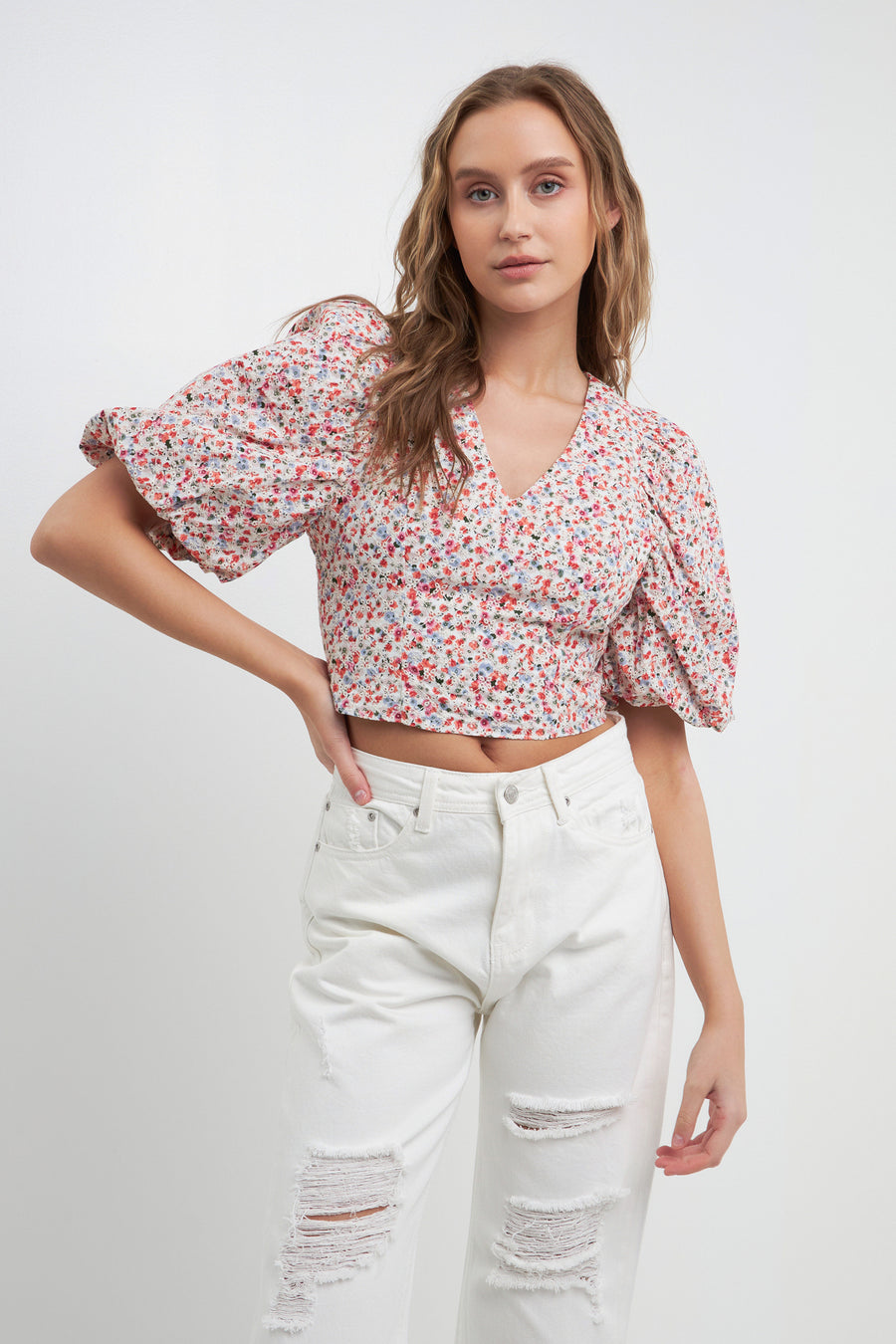 Embroidered Floral Mixed Puff Sleeve Top
