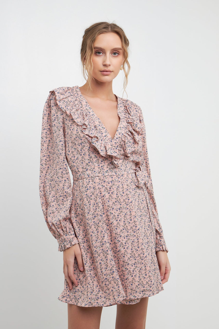 FREE THE ROSES - Wrapped Mini Dress with Ruffled Neckline - DRESSES available at Objectrare