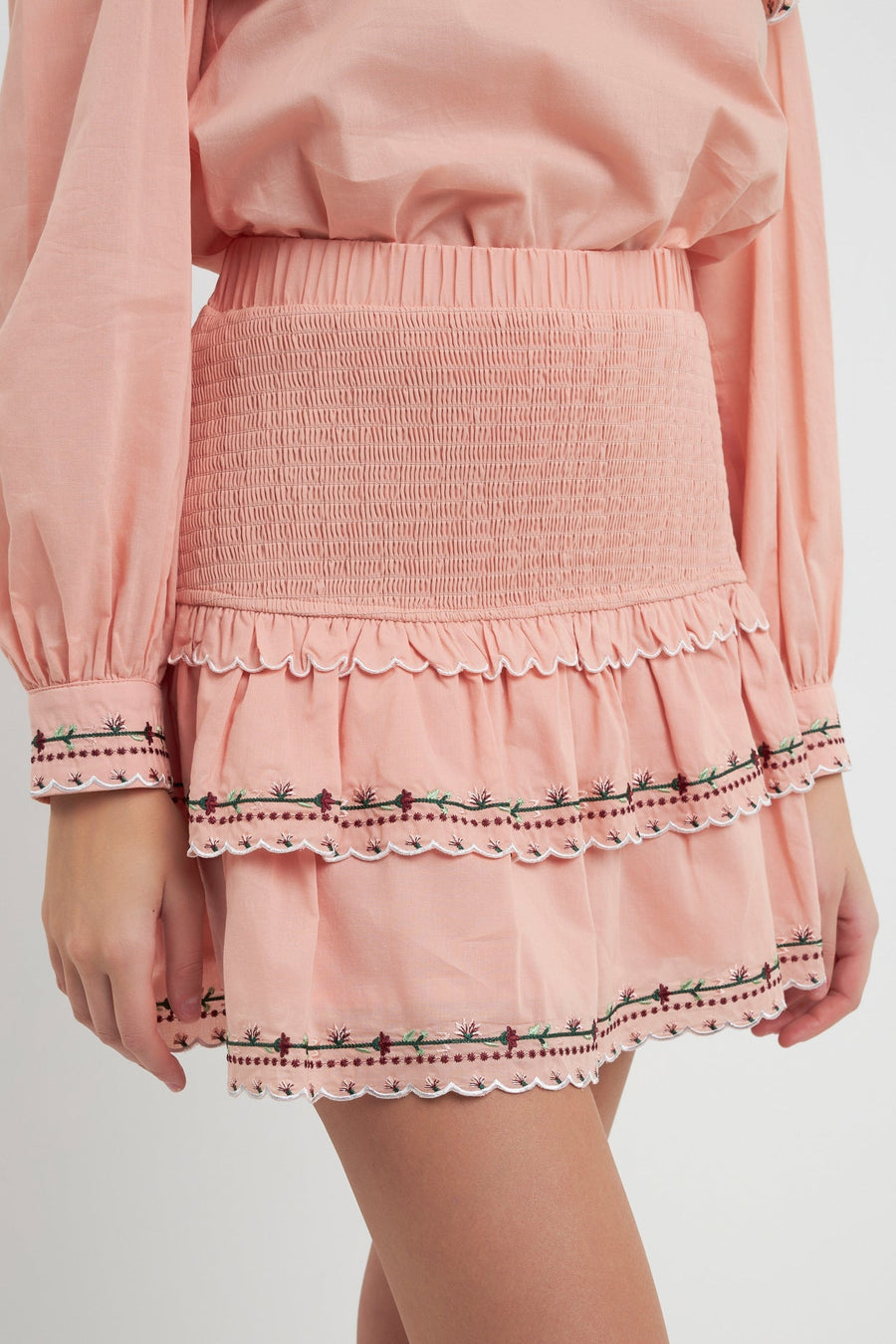 FREE THE ROSES - Floral Embroidered Smocked Mini Skirt - SKIRTS available at Objectrare