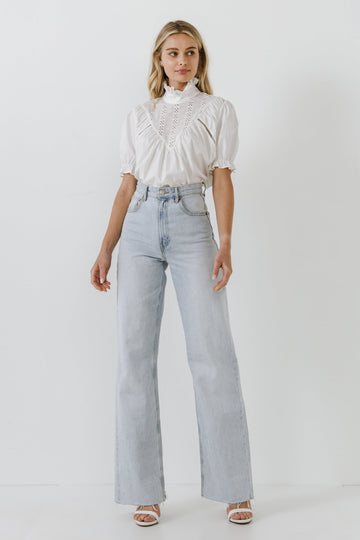 FREE THE ROSES - Short Sleeve Lace Yoke Blouse - SHIRTS & BLOUSES available at Objectrare