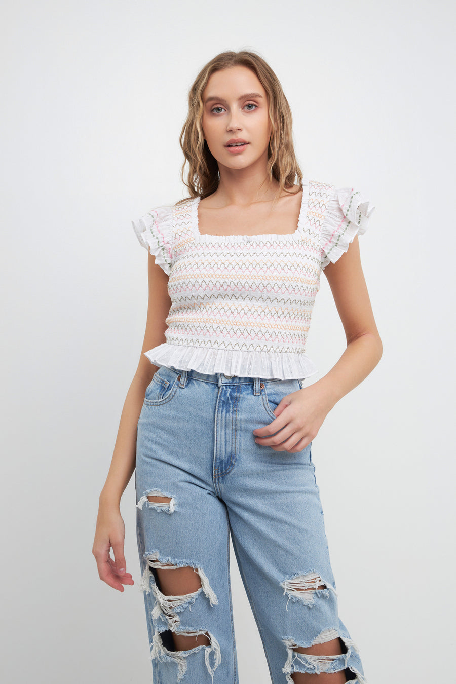 Smocked Multi Color Embroidered Crop Top