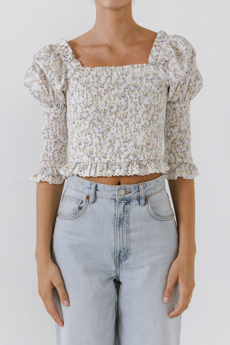 FREE THE ROSES - Smocked Sleeved Puff Sleeve Ruffled Top - TOPS available at Objectrare