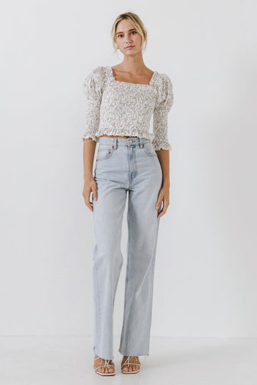FREE THE ROSES - Smocked Sleeved Puff Sleeve Ruffled Top - TOPS available at Objectrare