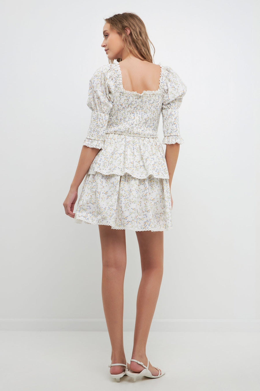 FREE THE ROSES - Lace Trim Floral Print Smocked Sleeve Mini Dress - DRESSES available at Objectrare
