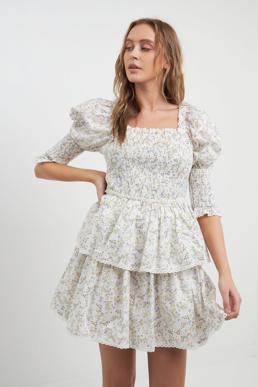 FREE THE ROSES - Lace Trim Floral Print Smocked Sleeve Mini Dress - DRESSES available at Objectrare