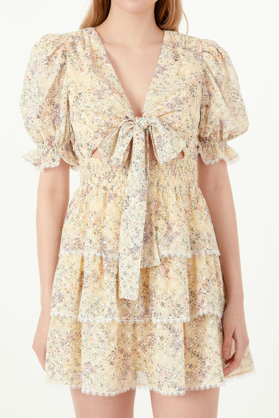 FREE THE ROSES - Embroidered Chiffon Tiered Front Bow Tie Mini Dress - DRESSES available at Objectrare
