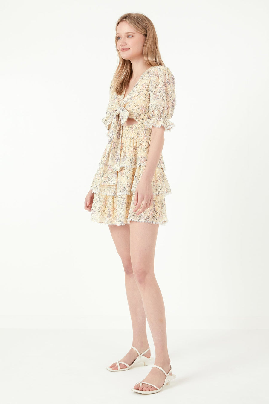 FREE THE ROSES - Embroidered Chiffon Tiered Front Bow Tie Mini Dress - DRESSES available at Objectrare