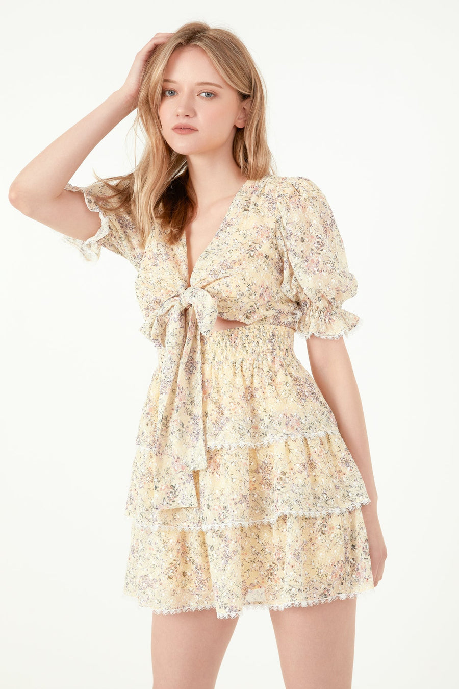FREE THE ROSES - Embroidered Chiffon Tiered Front Bow Tie Mini Dress - DRESSES available at Objectrare