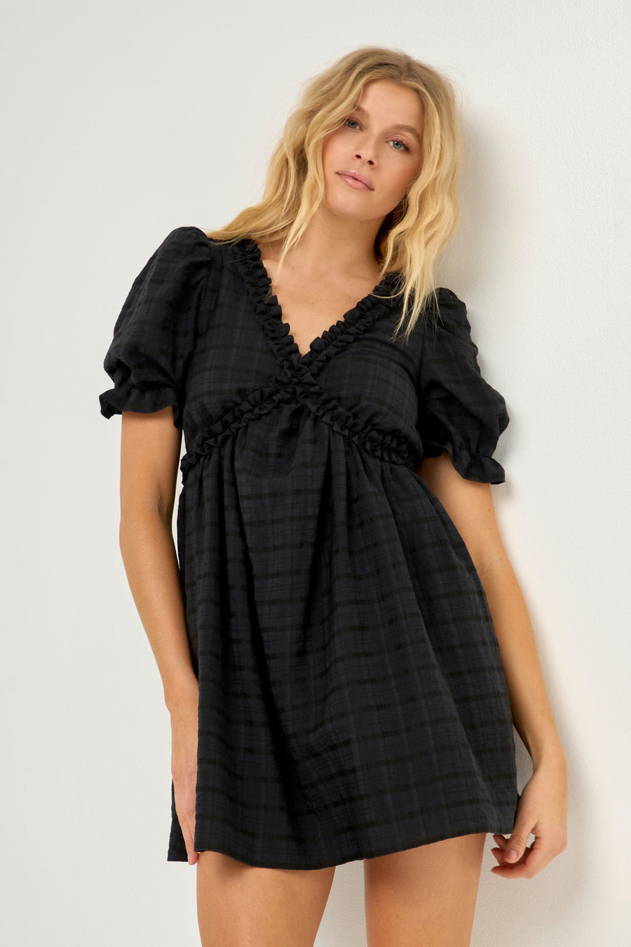 FREE THE ROSES - Double Ruffled Band Mini Puff Sleeve Dress - DRESSES available at Objectrare