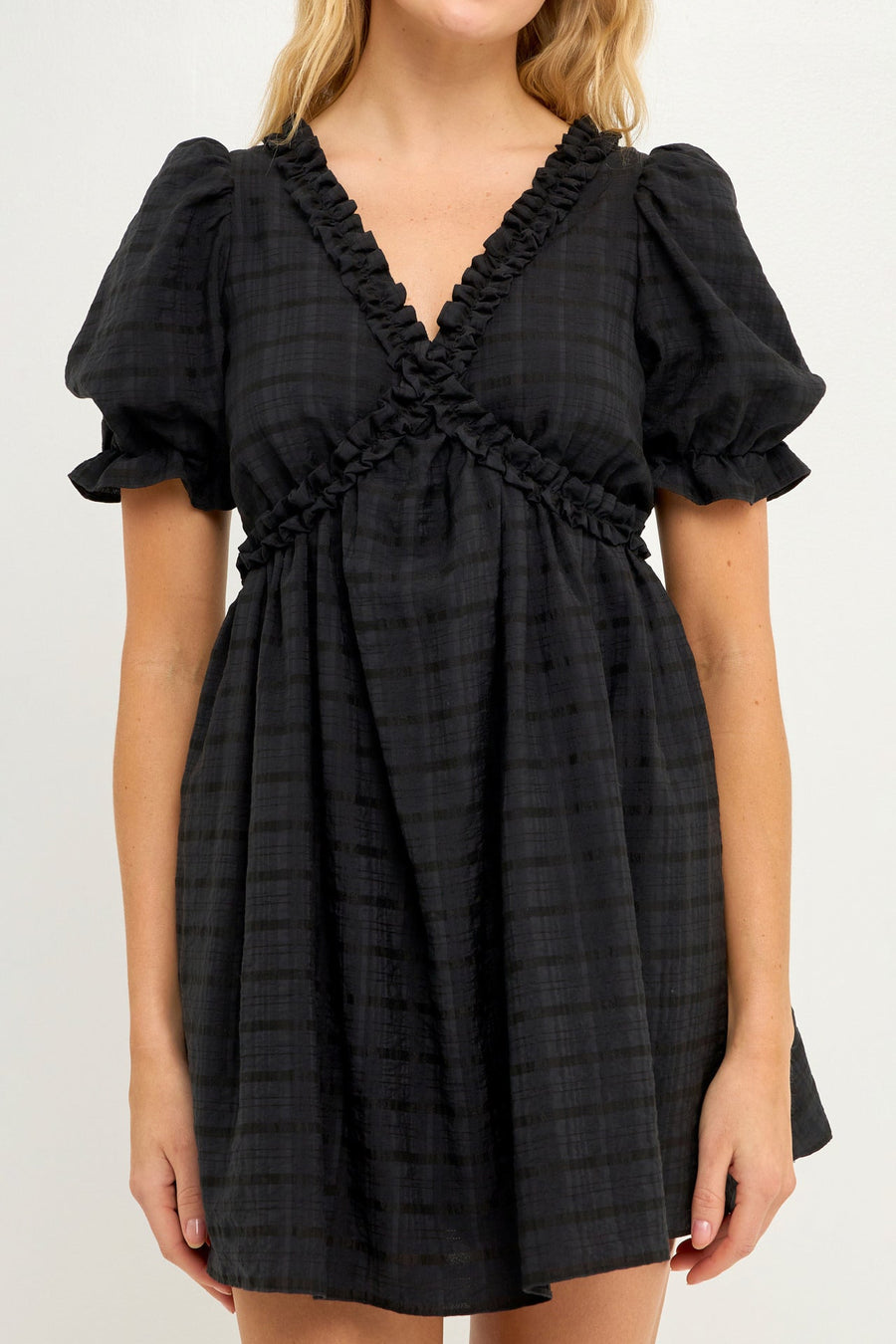 FREE THE ROSES - Double Ruffled Band Mini Puff Sleeve Dress - DRESSES available at Objectrare