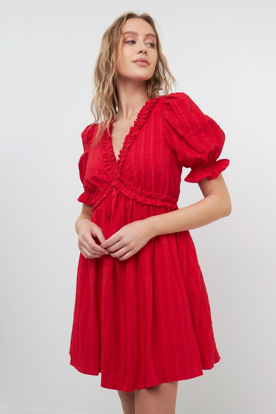 FREE THE ROSES - Double Ruffled Band Mini Puff Sleeve Dress - DRESSES available at Objectrare