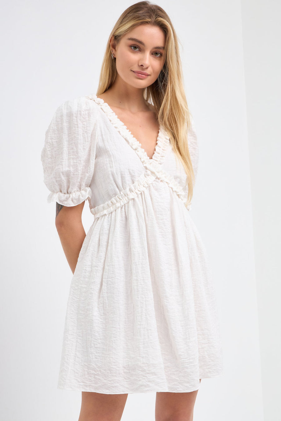 FREE THE ROSES - Double Ruffled Band Mini Puff Sleeve Dress - DRESSES available at Objectrare