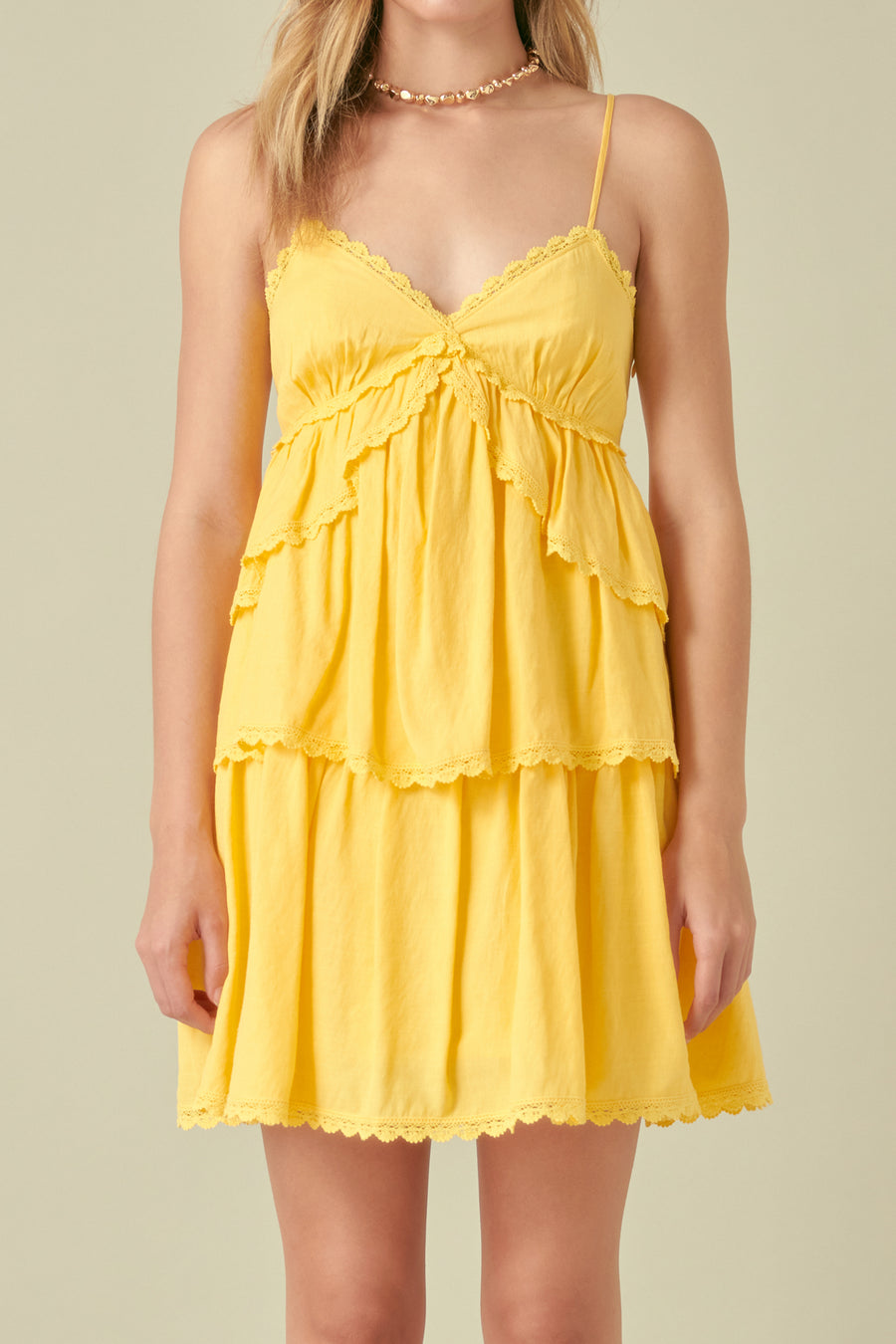 Lace Trimmed Tiered Mini Dress