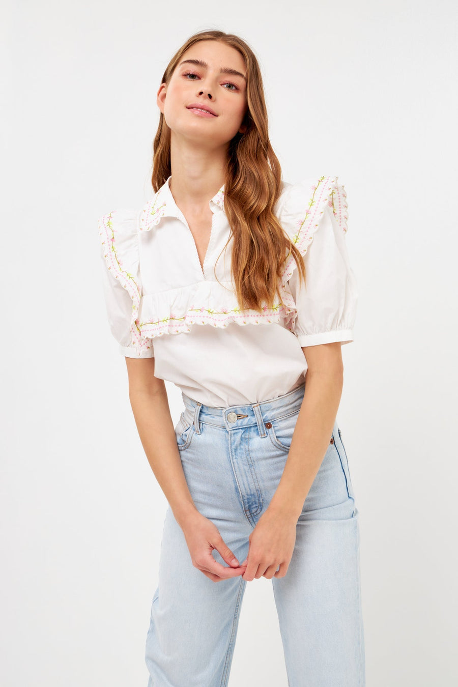 FREE THE ROSES - Floral Embroidered Short Sleeve Top - TOPS available at Objectrare
