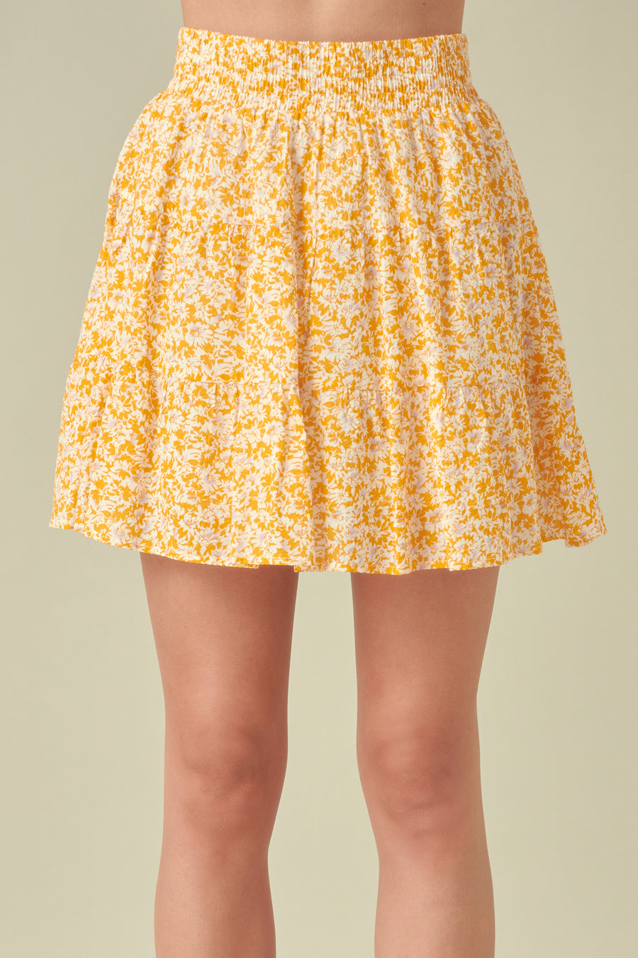 Crinkled Floral Linen Mini Skirt with Elastic Band