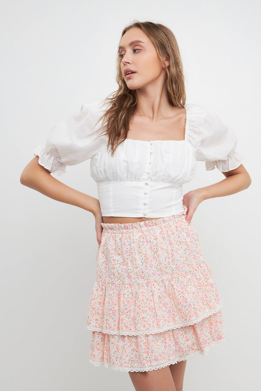 FREE THE ROSES - Button Closure Puff Sleeve Top - TOPS available at Objectrare