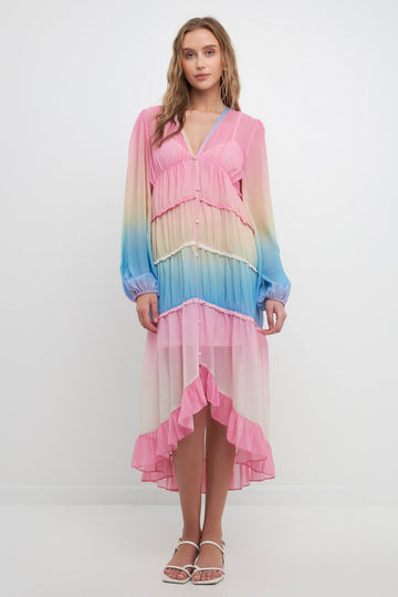 FREE THE ROSES - Tie Dye Print Ruffle High-Low Dress - DRESSES available at Objectrare