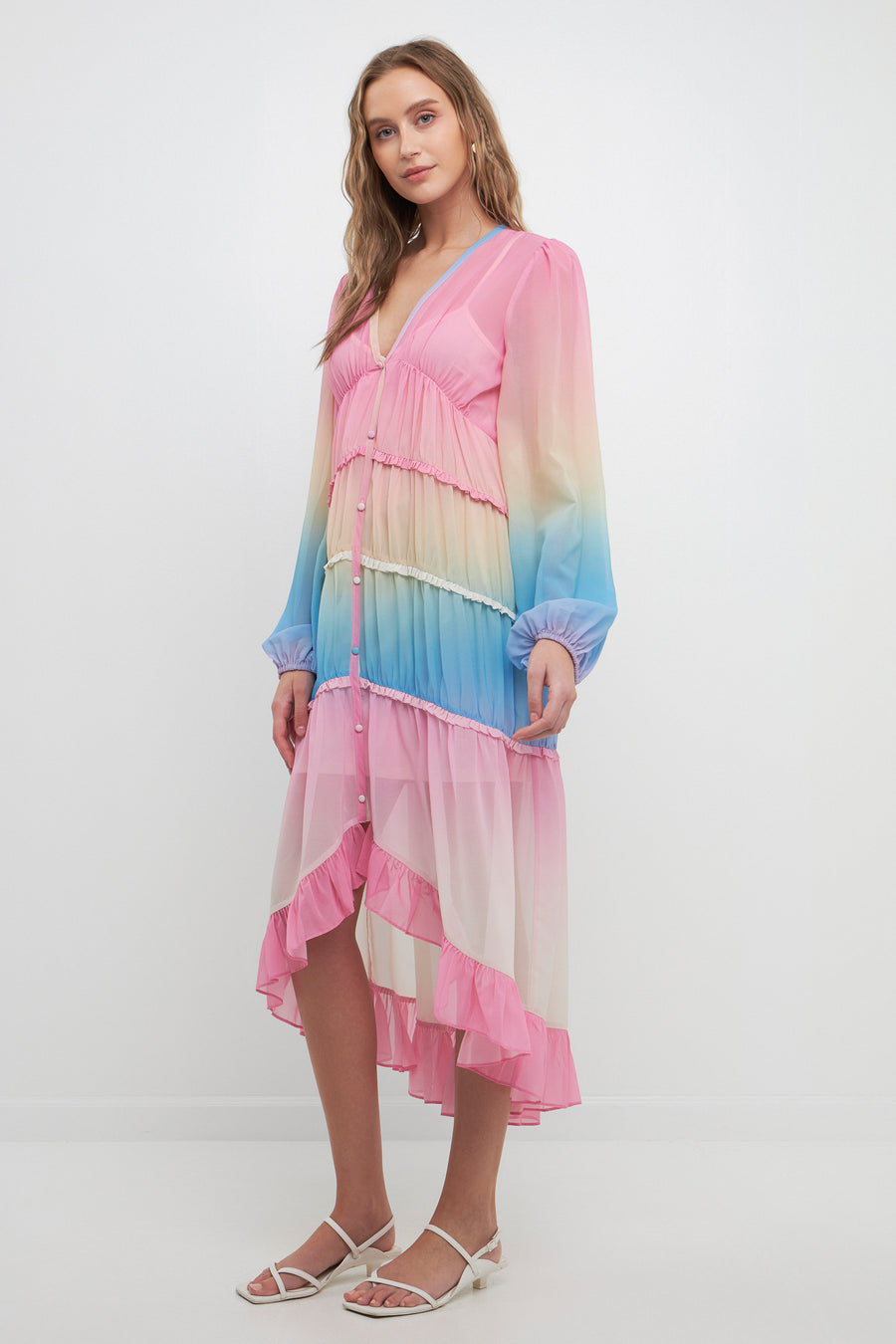 TIe Dye Print Ruffle High-Low Dress