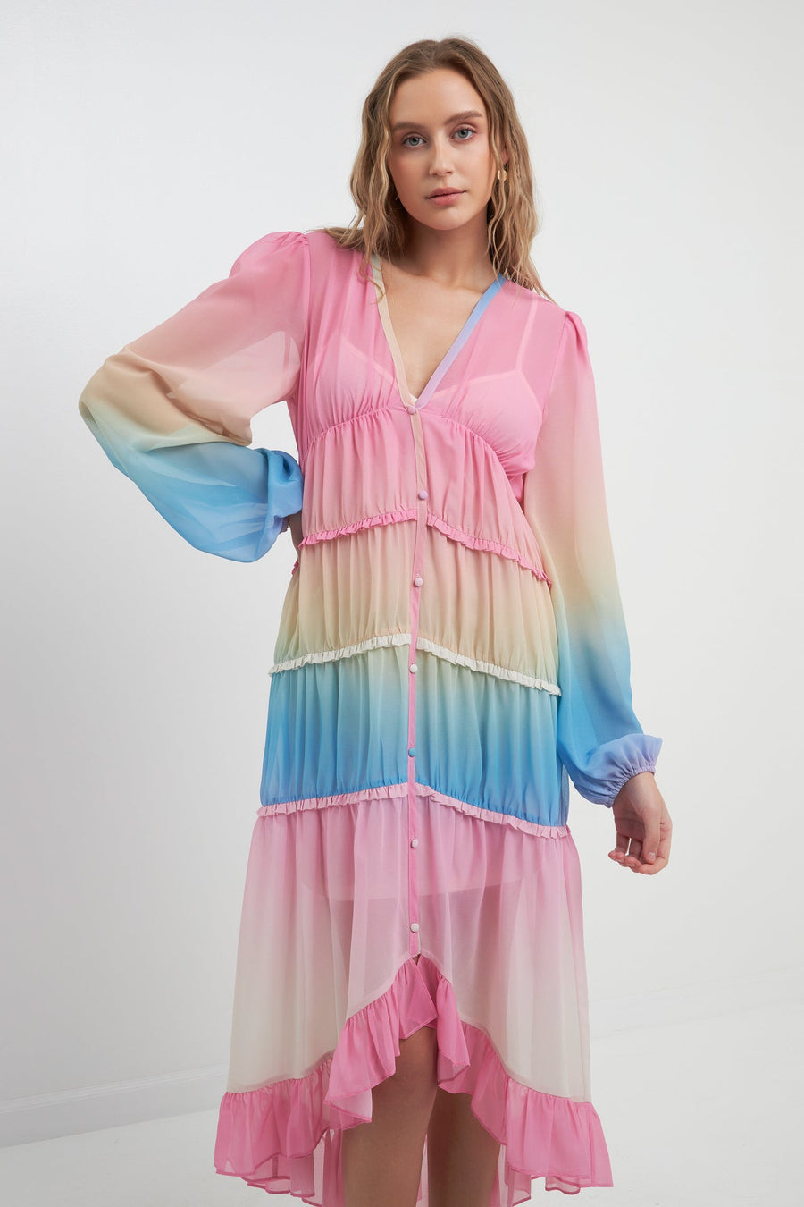 FREE THE ROSES - Tie Dye Print Ruffle High-Low Dress - DRESSES available at Objectrare