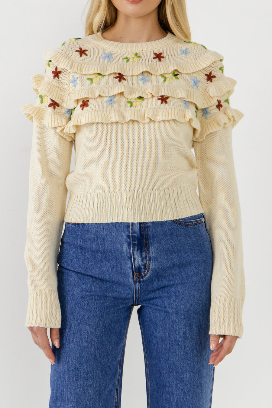 Floral Handmade Embroidery Ruffle Detail Sweater