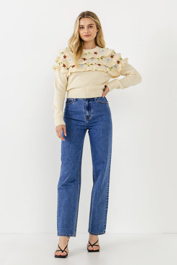 FREE THE ROSES - Floral Handmade Embroidery Ruffle Detail Sweater - SWEATERS & KNITS available at Objectrare