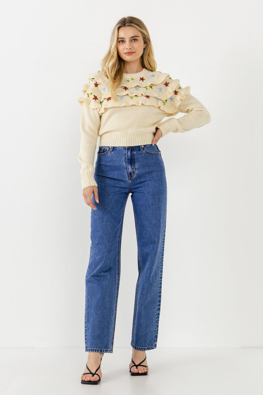 FREE THE ROSES - Floral Handmade Embroidery Ruffle Detail Sweater - SWEATERS & KNITS available at Objectrare
