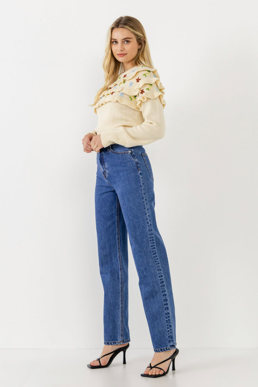 FREE THE ROSES - Floral Handmade Embroidery Ruffle Detail Sweater - SWEATERS & KNITS available at Objectrare
