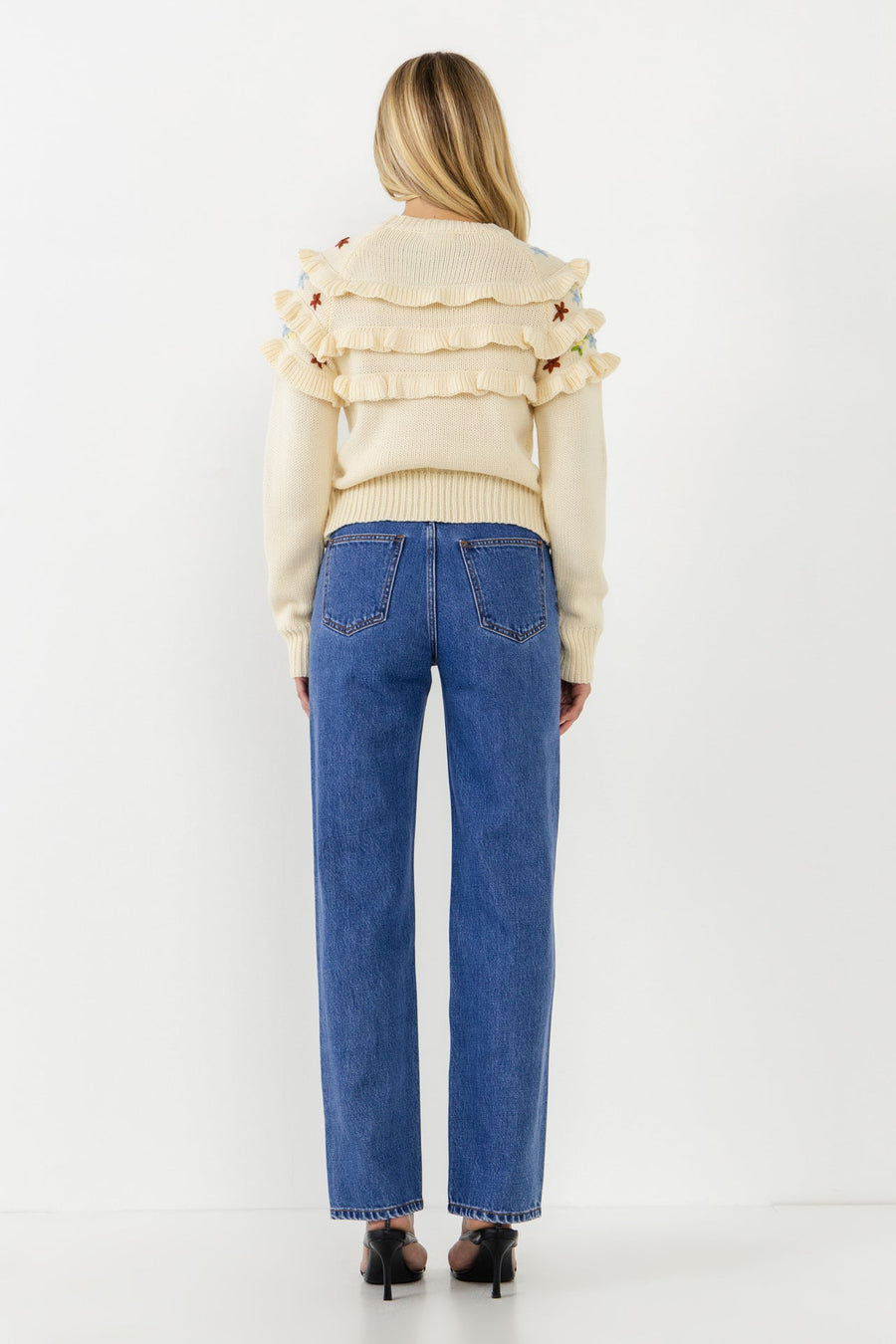 FREE THE ROSES - Floral Handmade Embroidery Ruffle Detail Sweater - SWEATERS & KNITS available at Objectrare