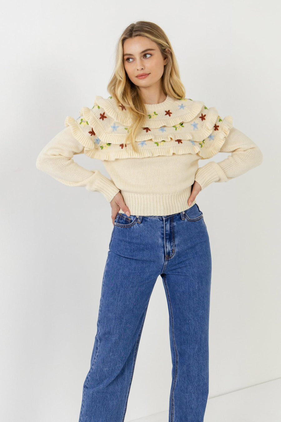 FREE THE ROSES - Floral Handmade Embroidery Ruffle Detail Sweater - SWEATERS & KNITS available at Objectrare