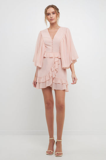FREE THE ROSES - Ruffle Detail with Puff Sleeve Mini Dress - DRESSES available at Objectrare