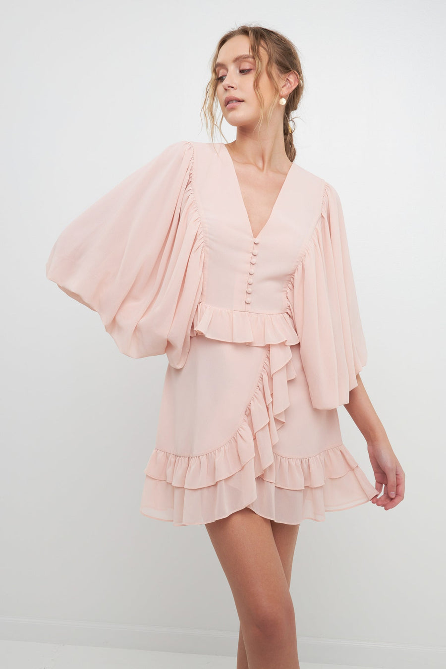 FREE THE ROSES - Ruffle Detail with Puff Sleeve Mini Dress - DRESSES available at Objectrare