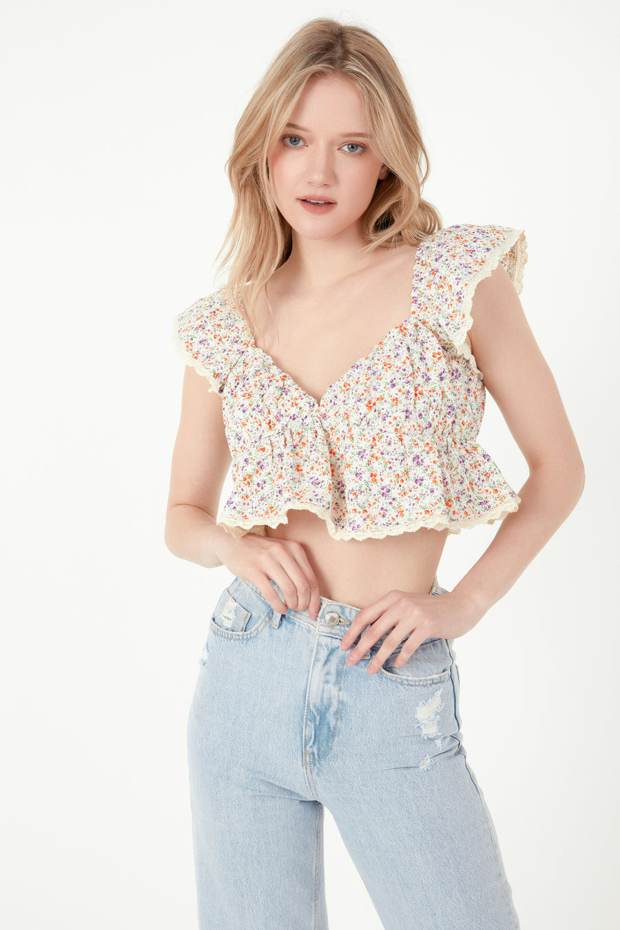 Embroidered Ruffled Bandeau Top