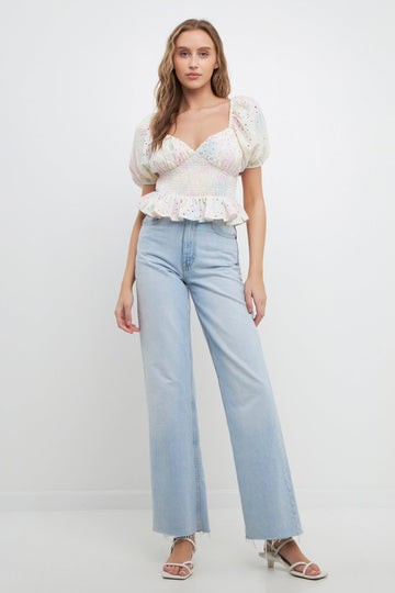 FREE THE ROSES - Free The Roses - Embroidered Tie-dye Smocked Top - TOPS available at Objectrare